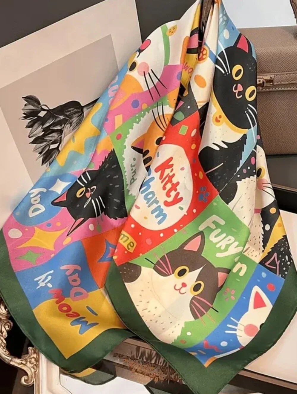 Silk-feel Cute Kitty Charm Cats Print Green Border Head Scarf , Neck Scarf